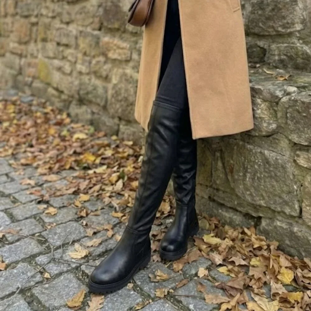 NWT Wild Diva Black Over The Knee Boots Chunky Lug Sole Thigh High Combat